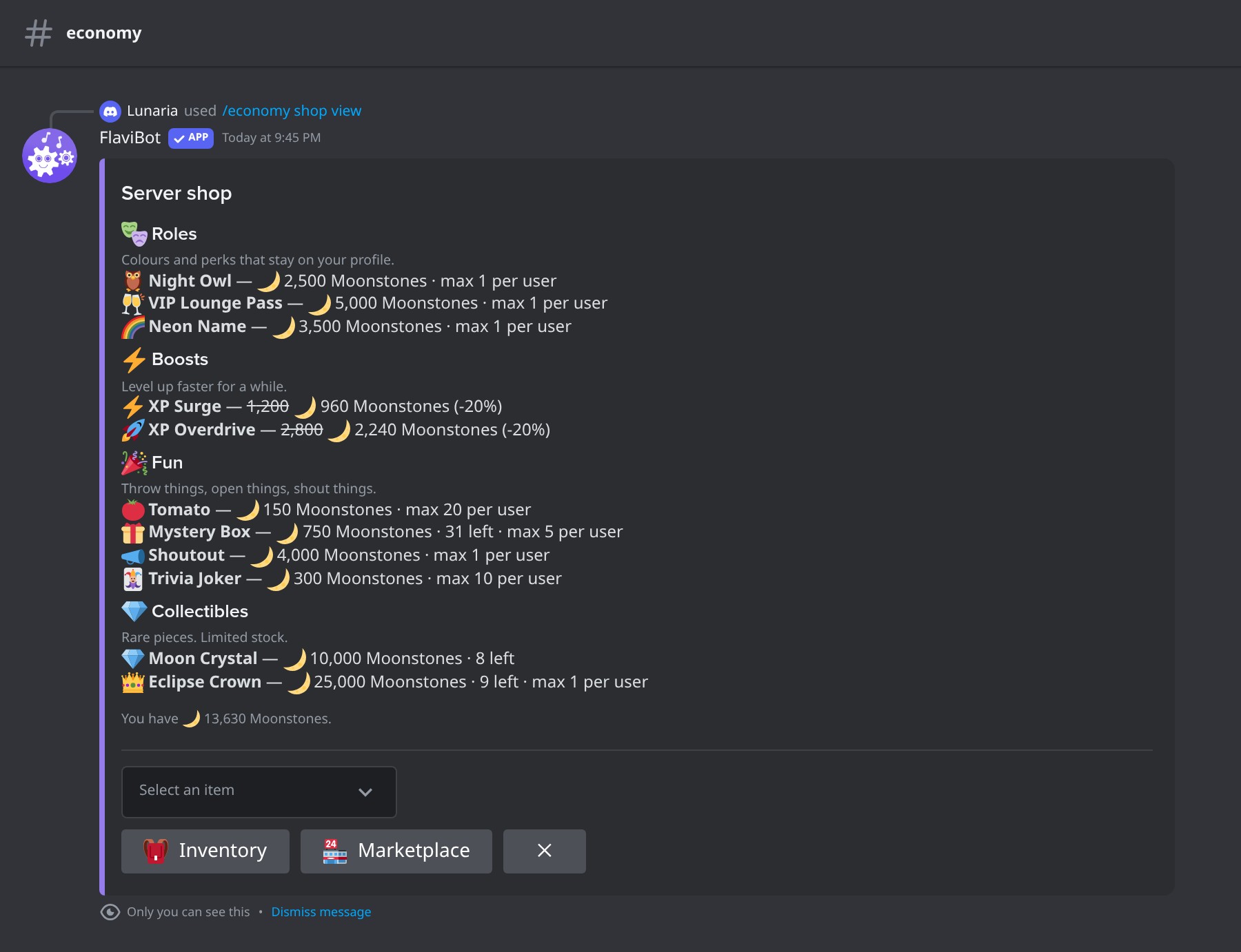 The shop in Discord, by category.