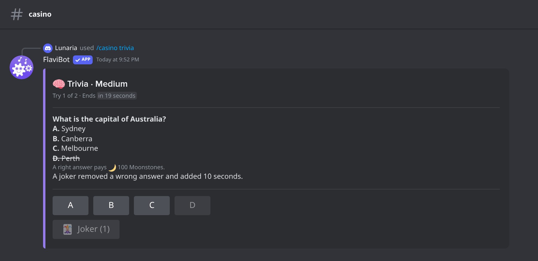 A joker removes a wrong answer and adds 10 seconds.