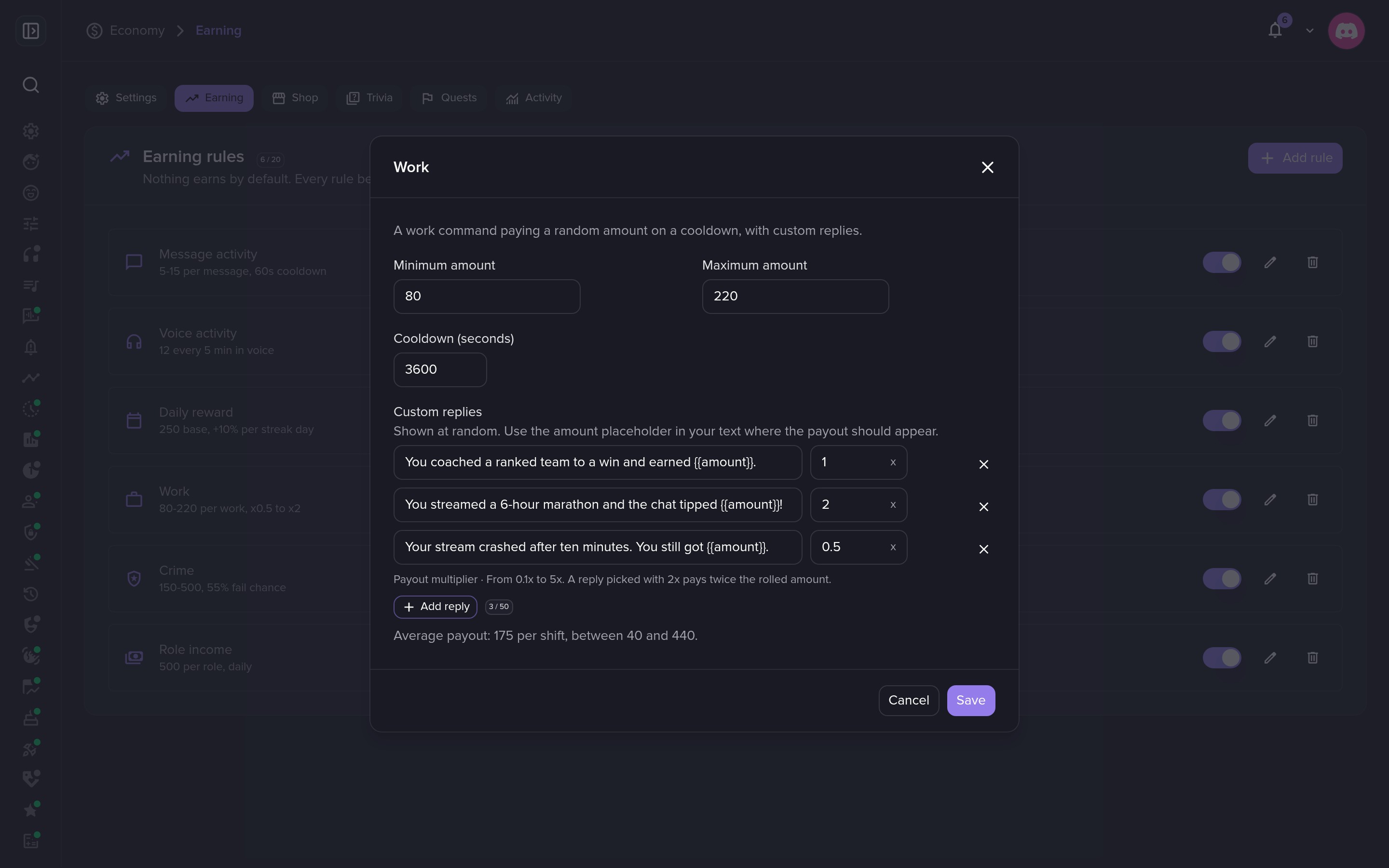 Write your own work replies, each with its own payout multiplier.