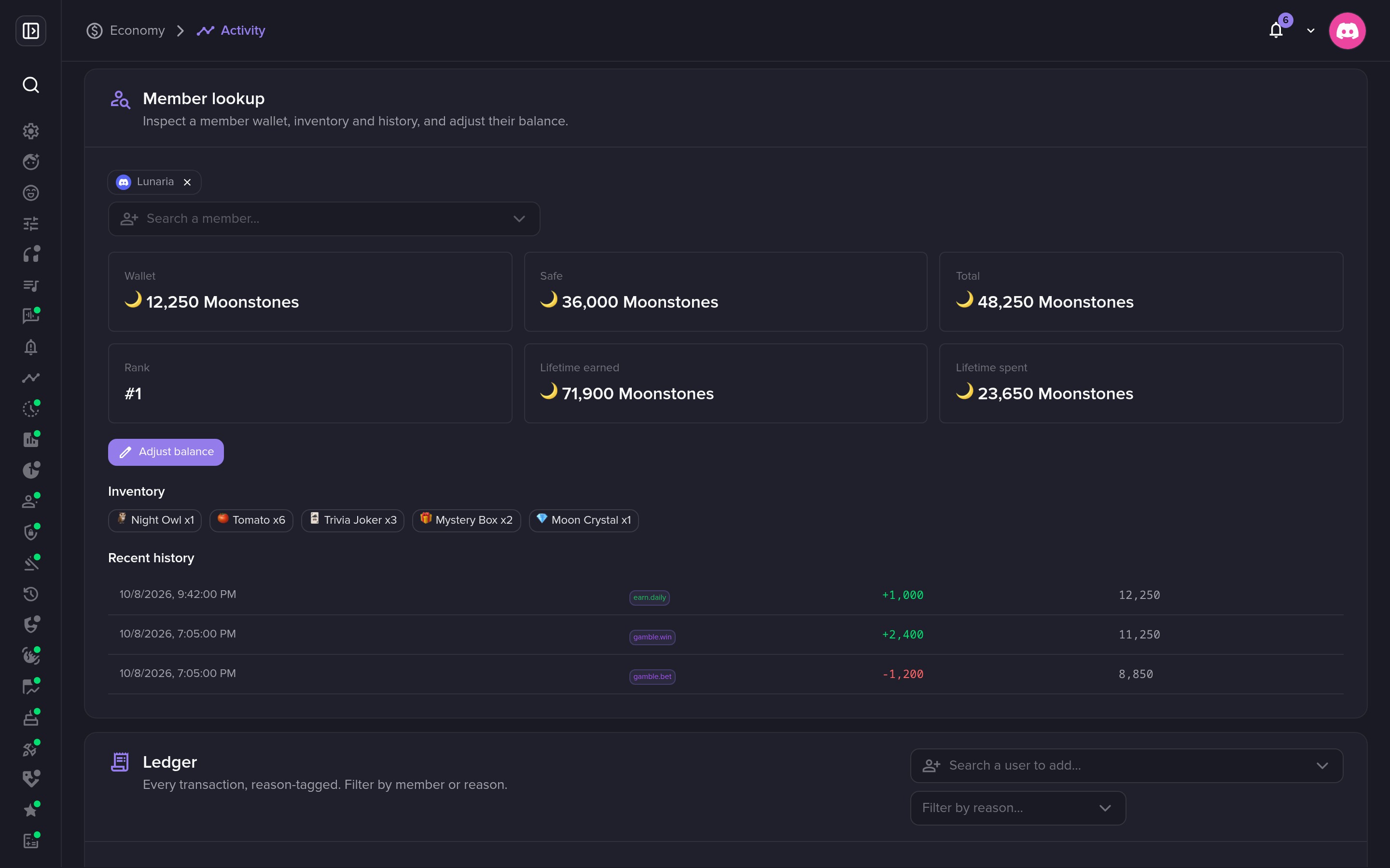 Look up any member: balance, rank, inventory and history.