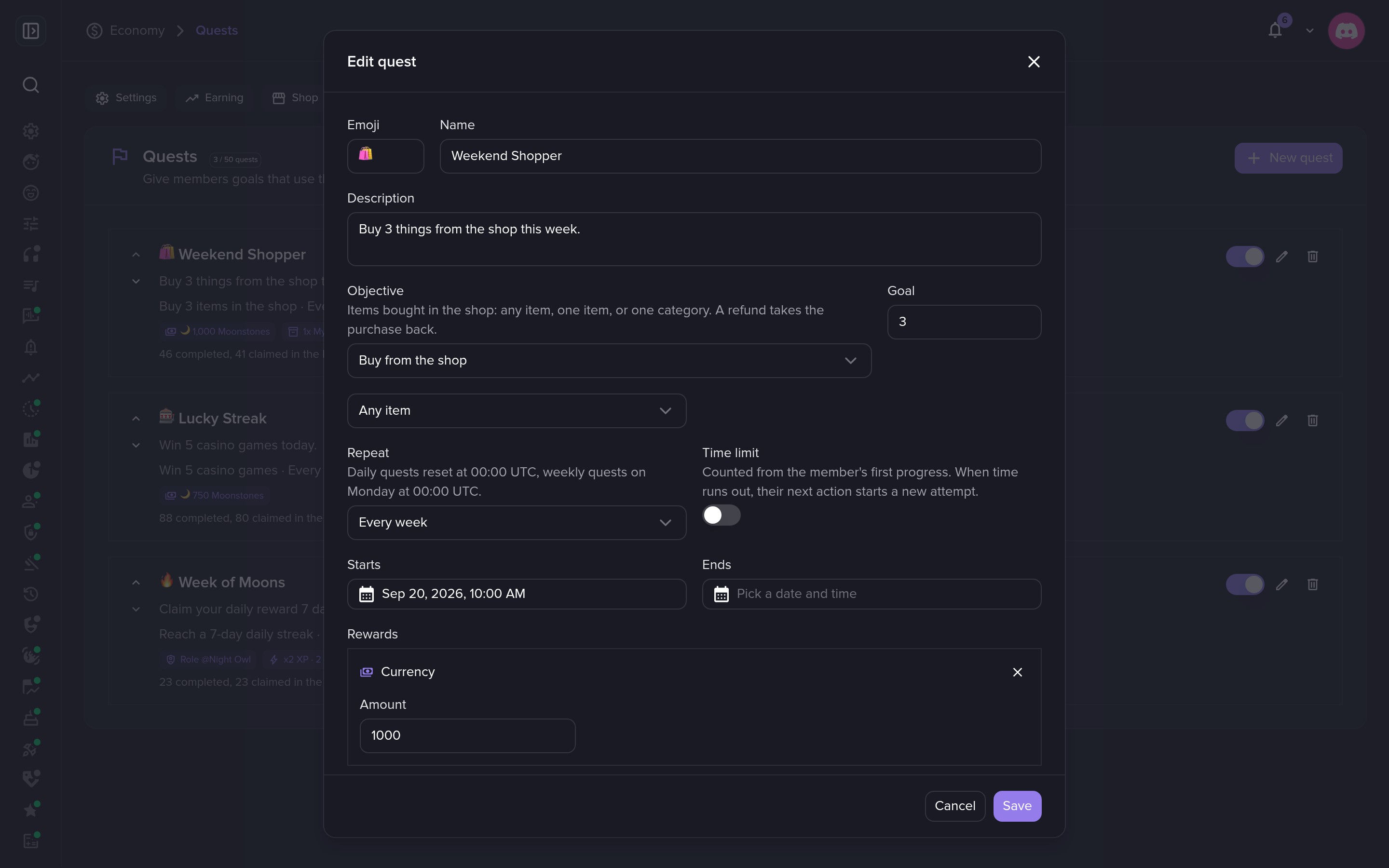 Build a quest in seconds: a goal, how often it repeats, its rewards.