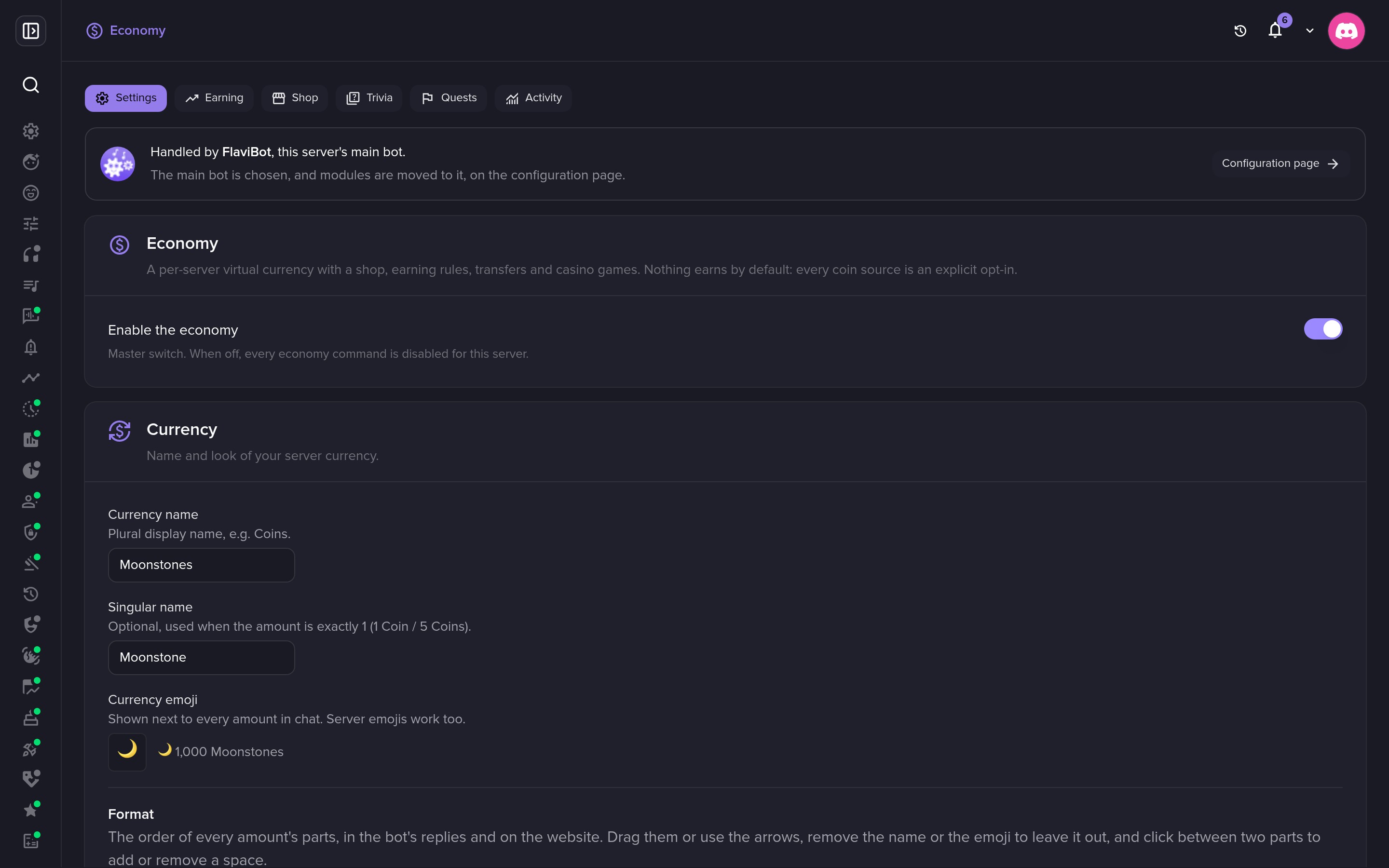 The Economy page: one switch, and everything in one place.