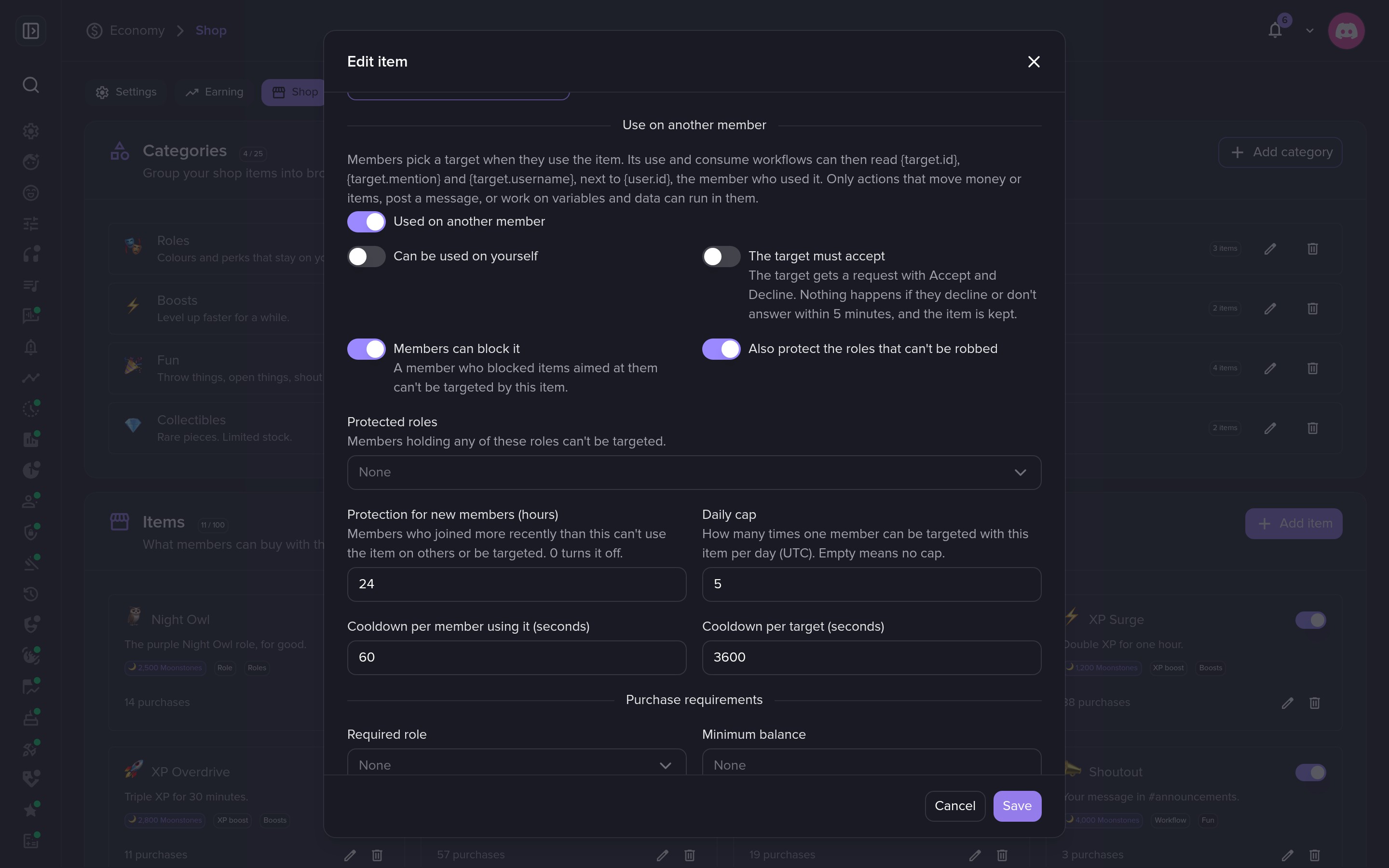 Items used on other members come with opt-outs, new-member protection, daily caps and cooldowns.