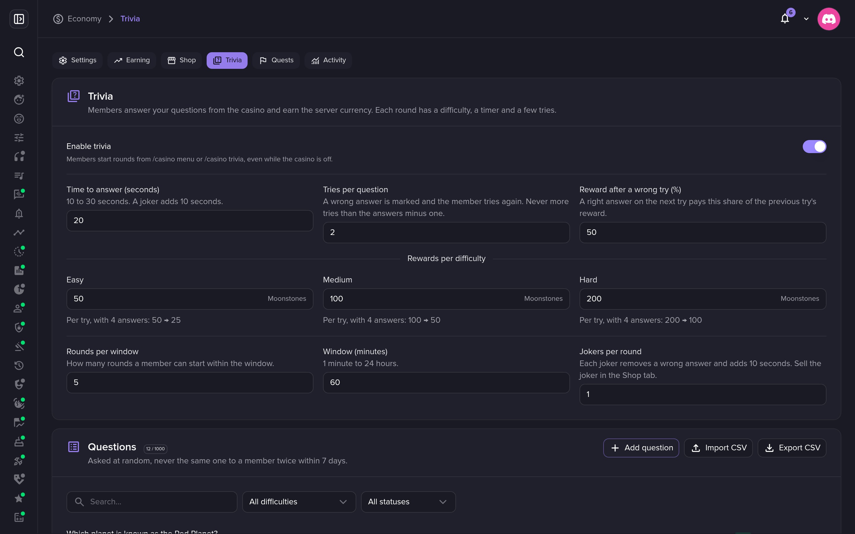 Trivia settings: timer, tries, rewards per difficulty, jokers.