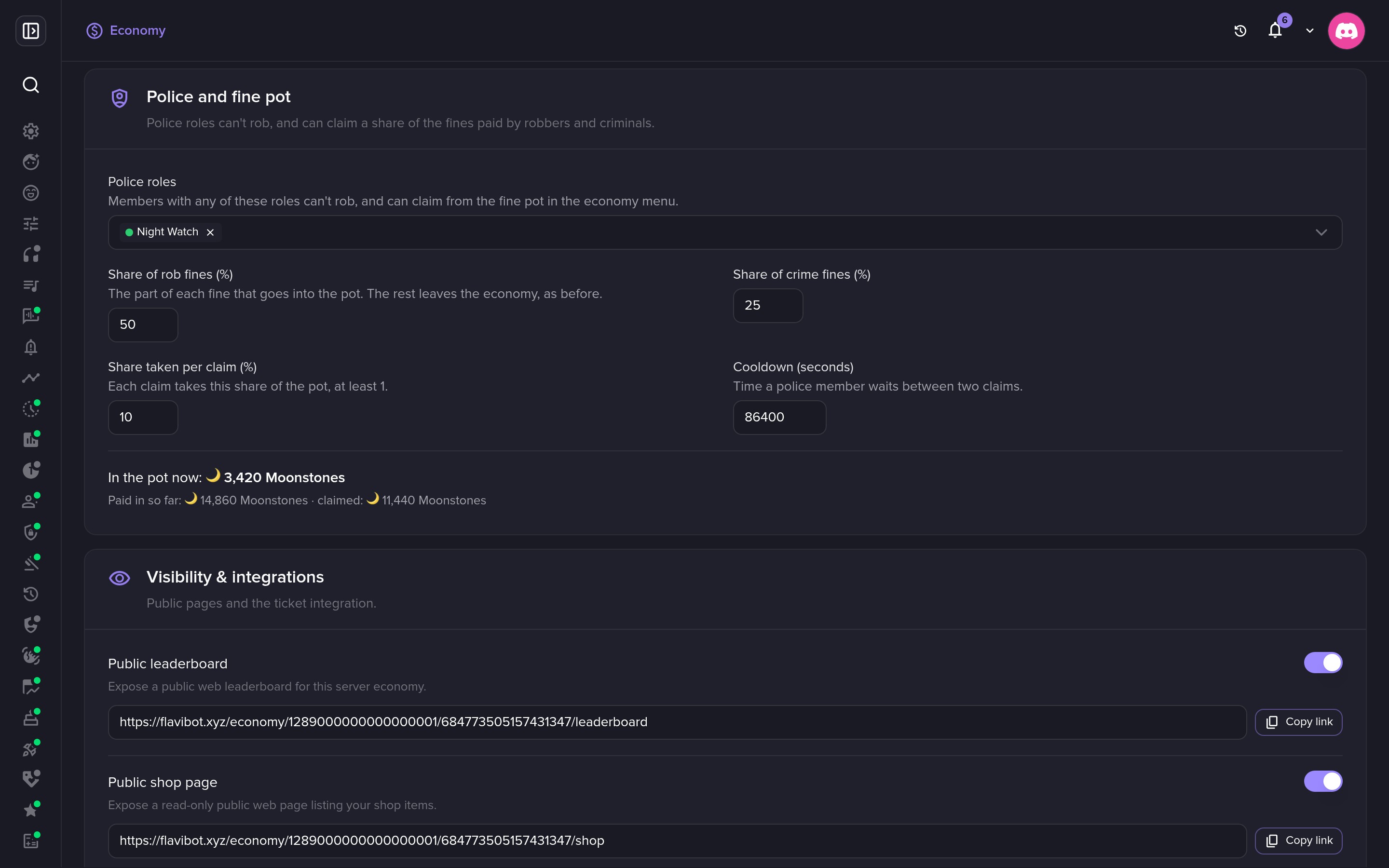 A police force and a fine pot, plus public links to your leaderboard and shop.