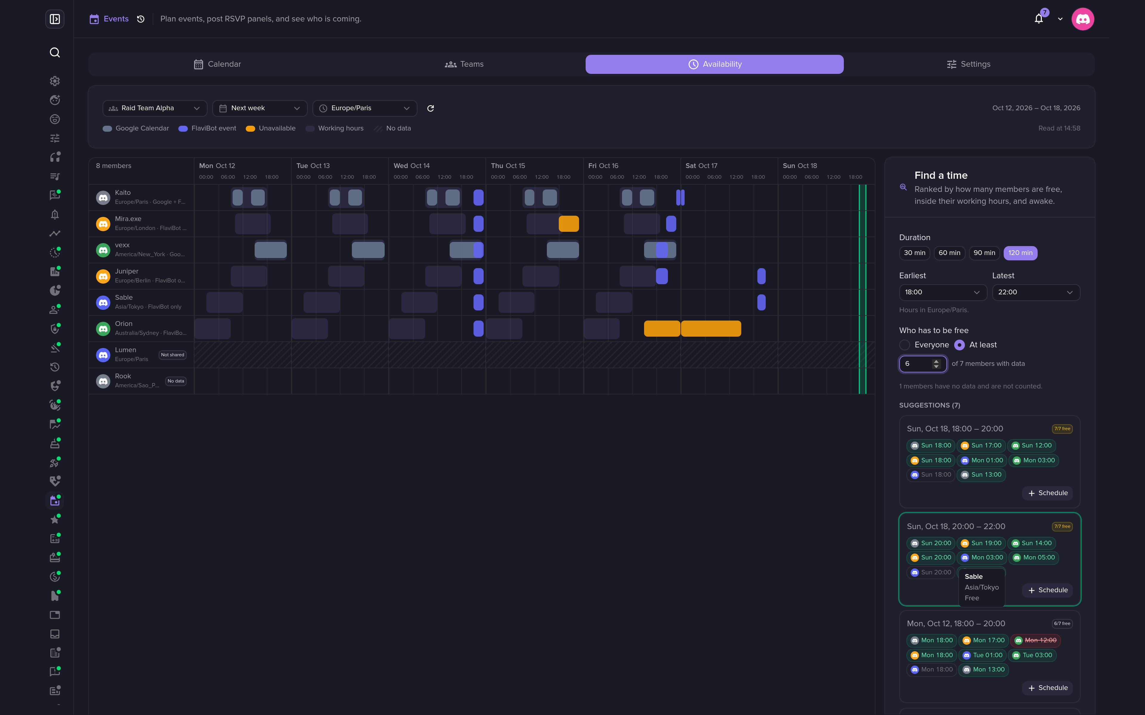 Find a time suggests slots that work for the whole team.