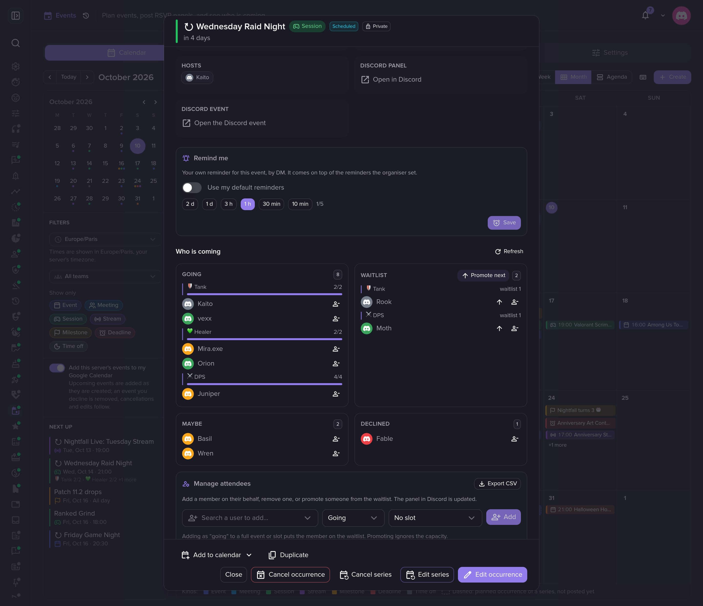 A raid's attendee list