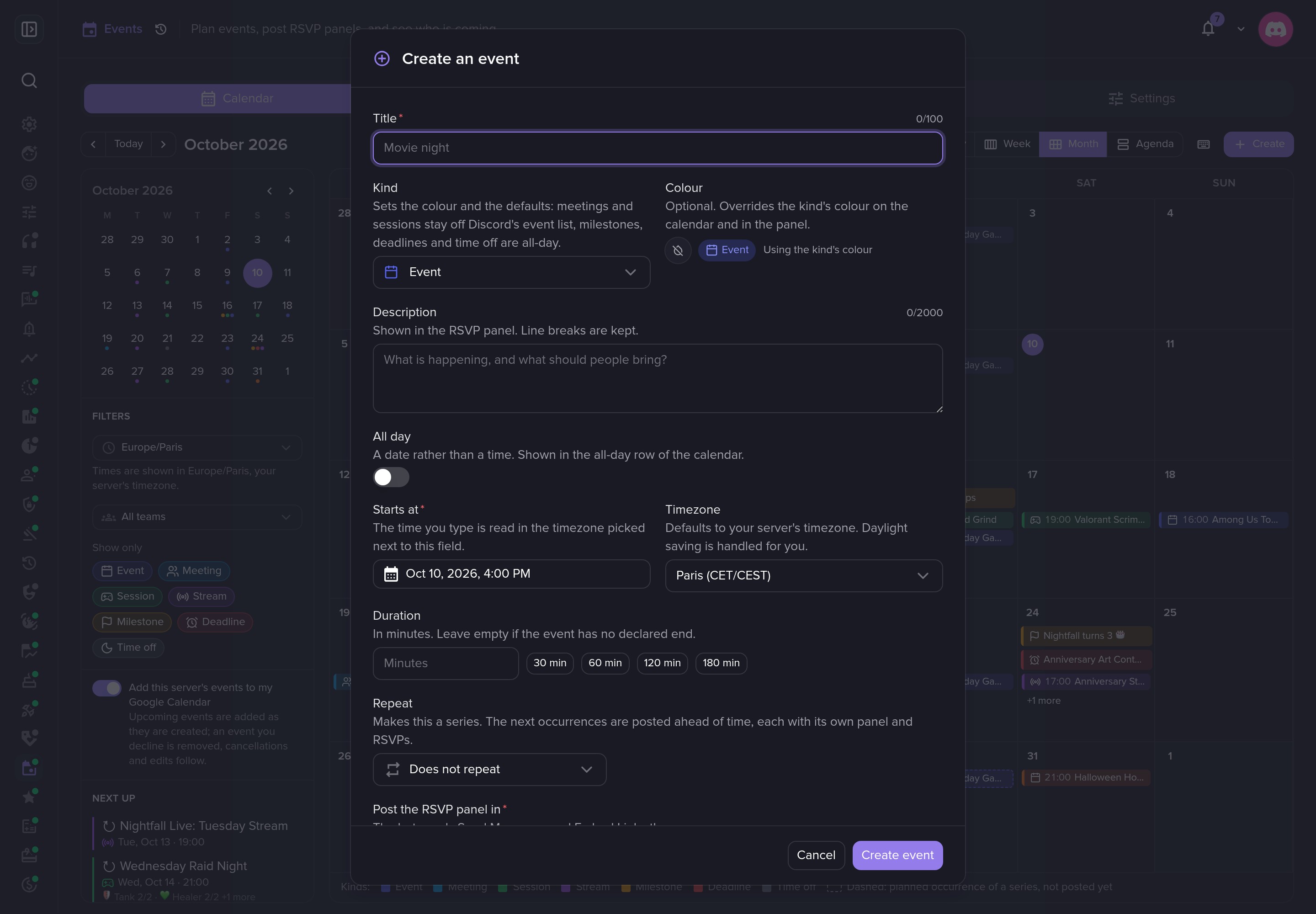 Create an event in seconds.