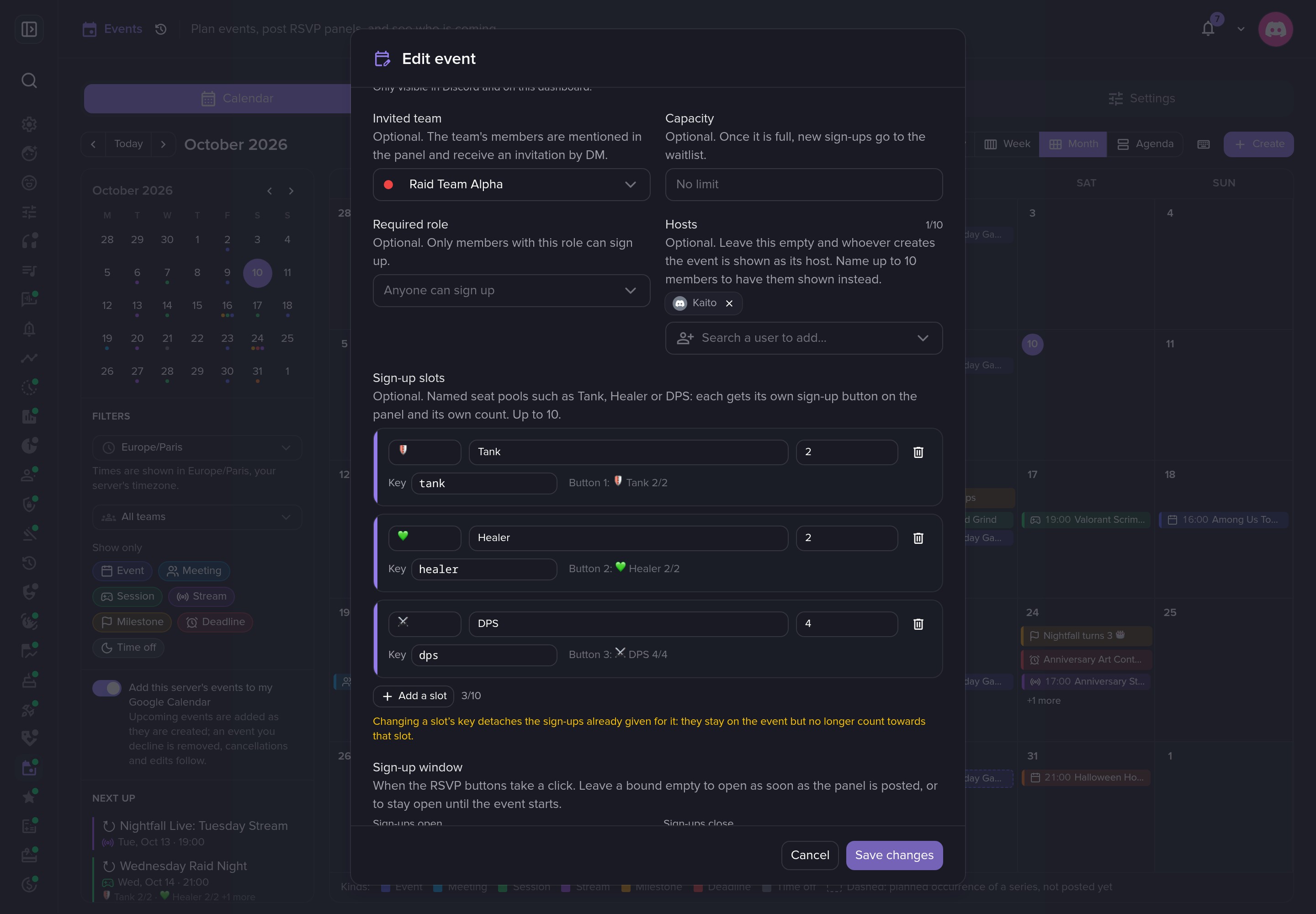 Sign-up slots, each with its own capacity.