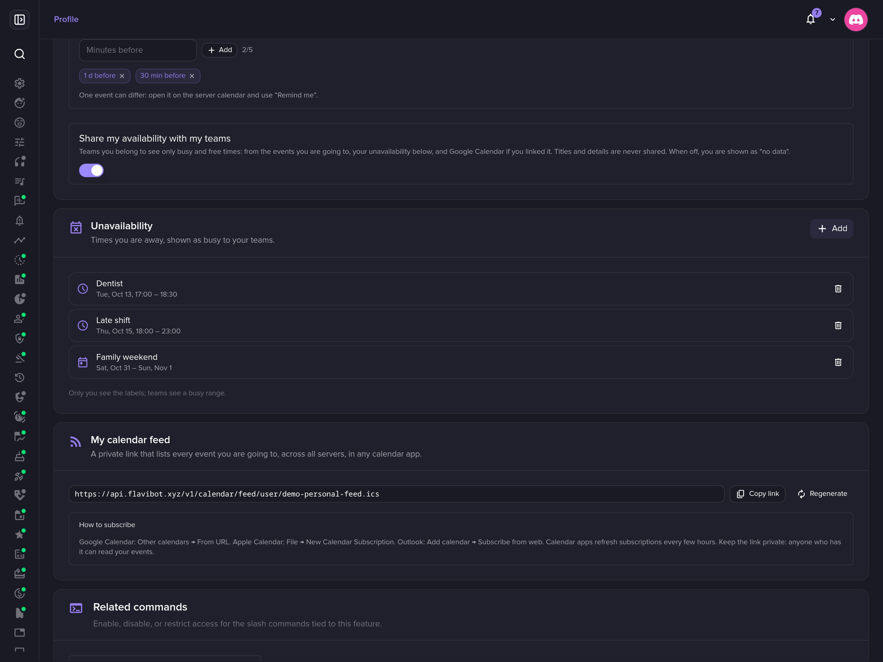 Block out time off, and subscribe to your own calendar feed.