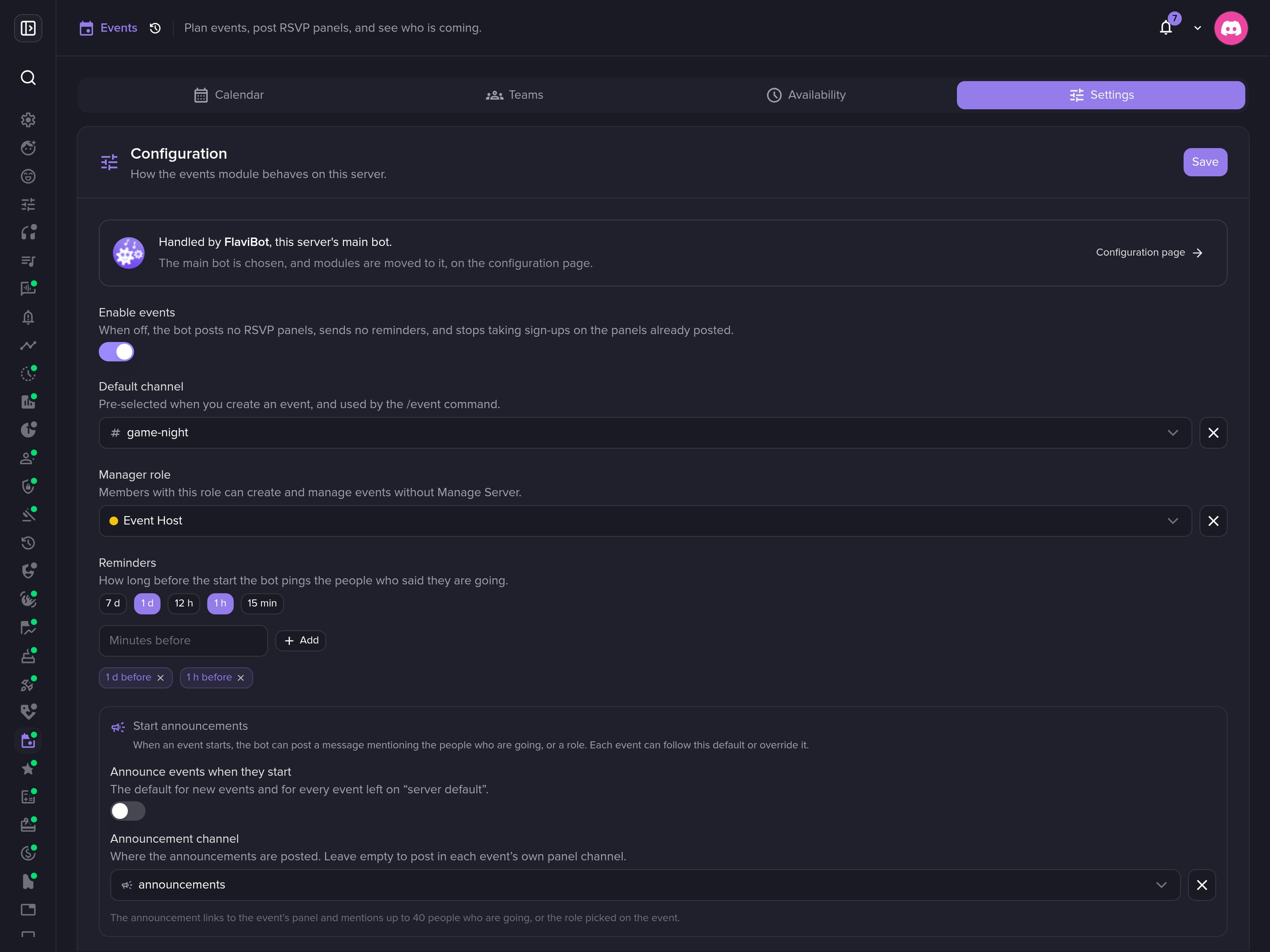 Default channel, manager role, reminders and start announcements.
