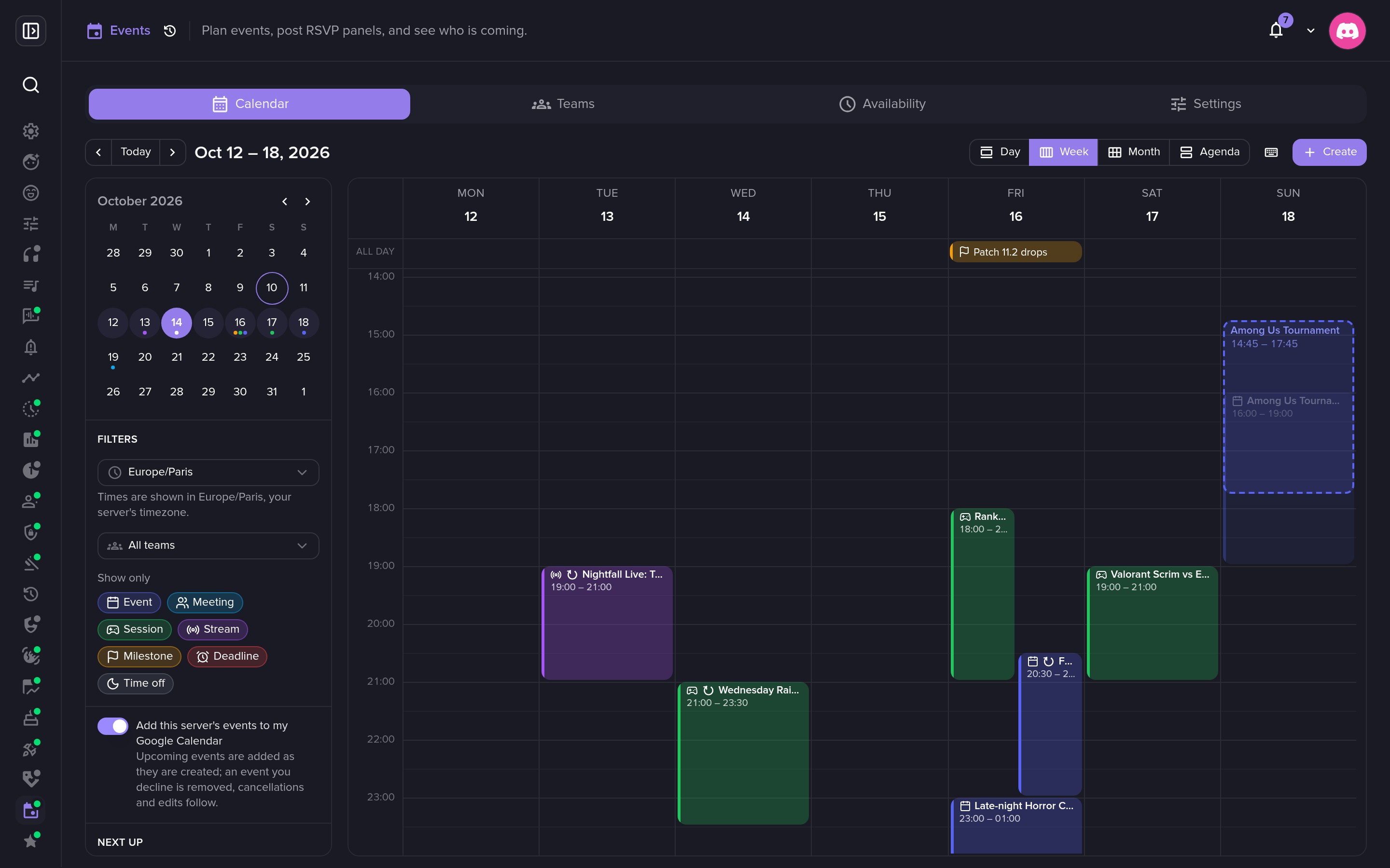 Drag an event to move it, in 15-minute steps.