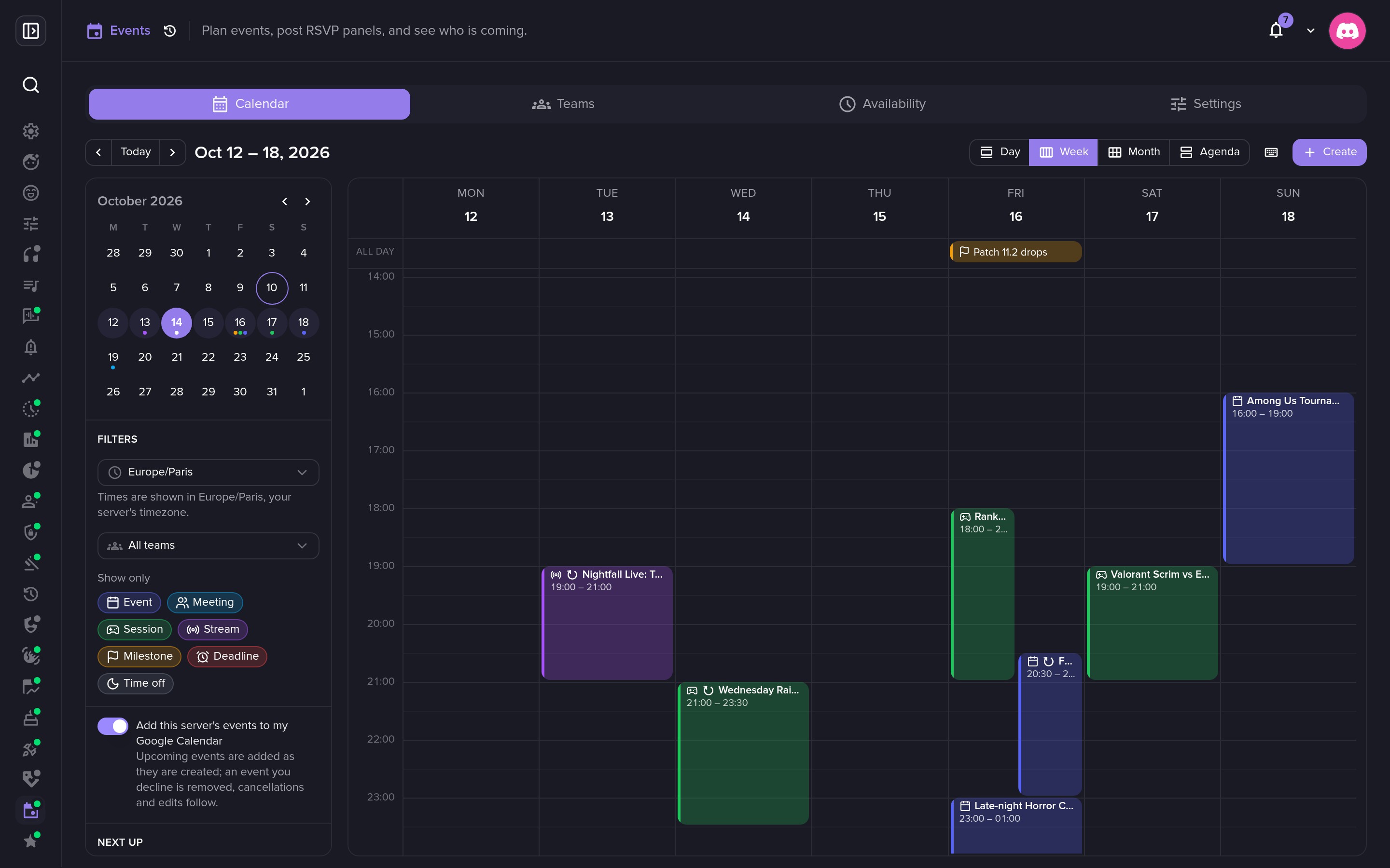 Recurring events in the week view