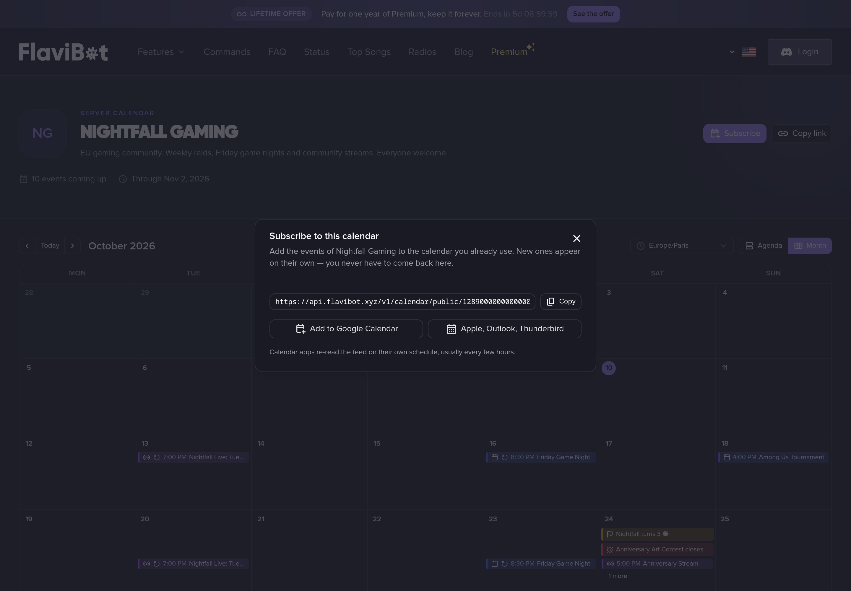 Anyone can subscribe to the server's calendar.