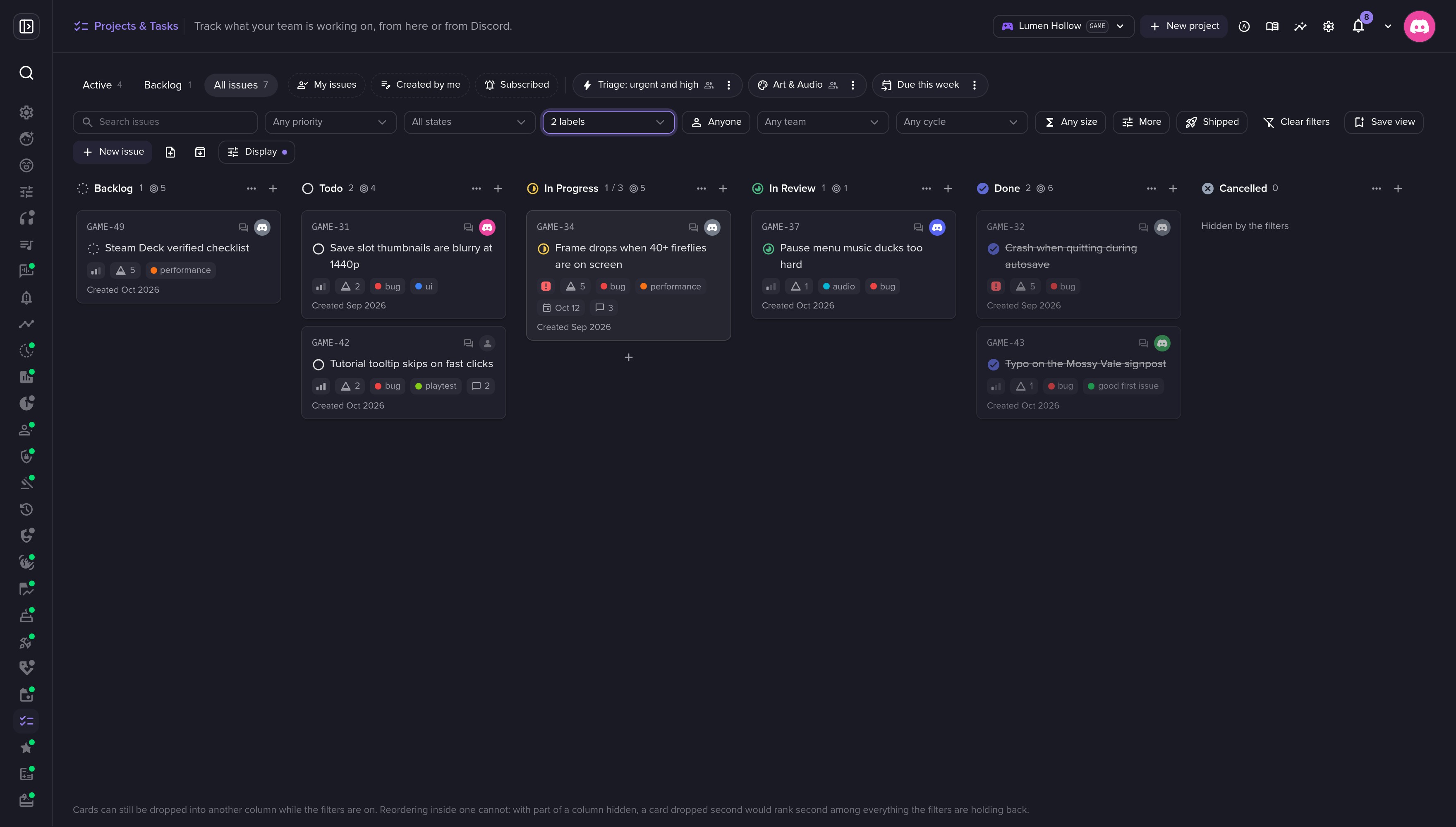 Filter by label, assignee, priority and more.