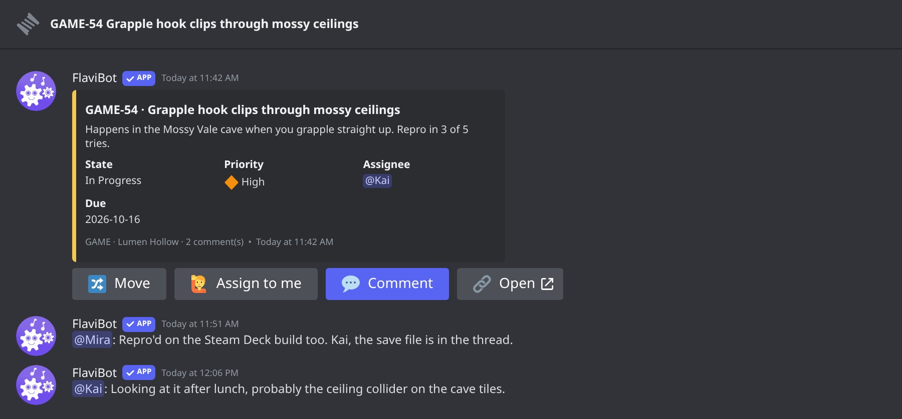Every issue has a thread, and dashboard comments show up there too.