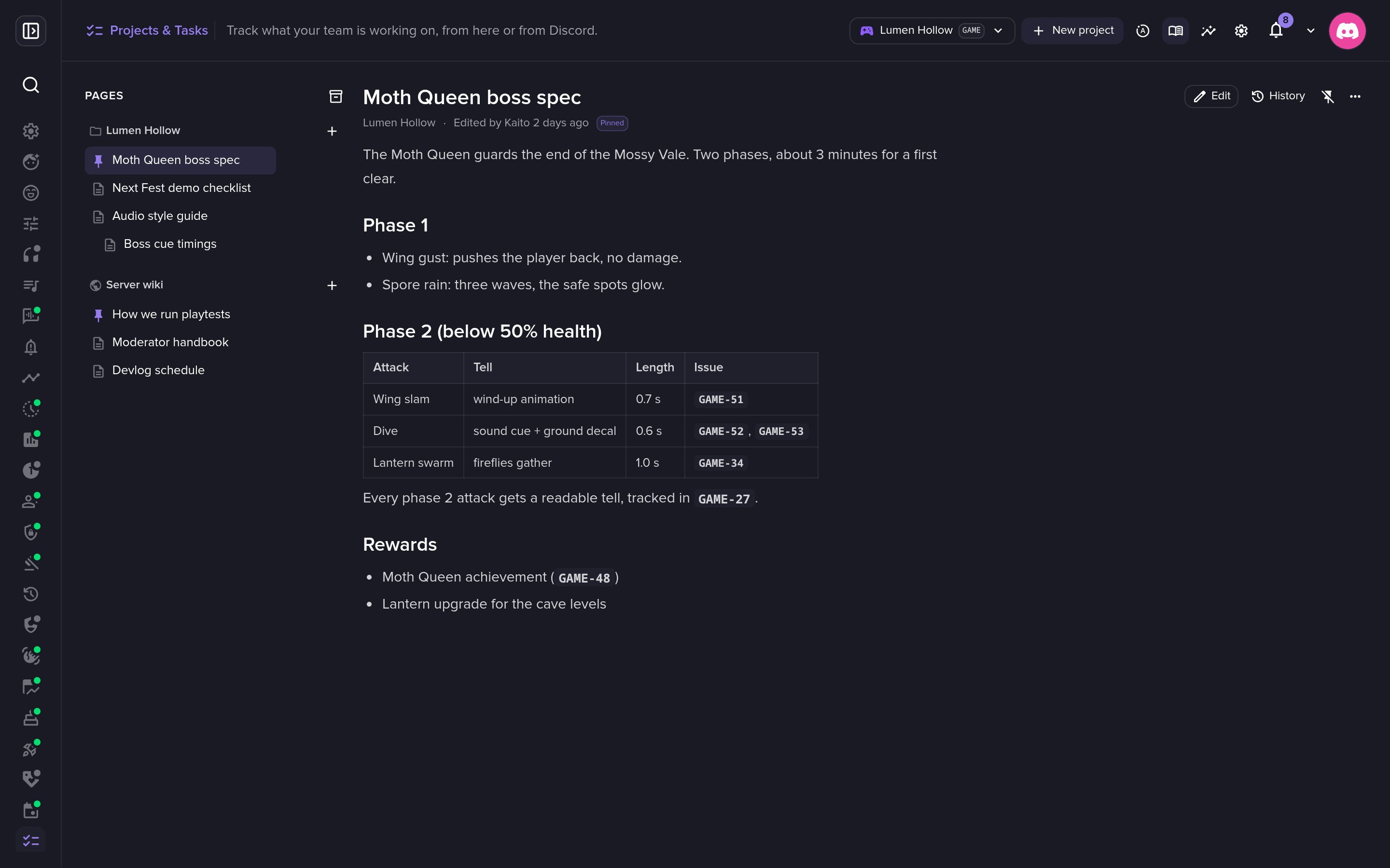 Doc pages next to your issues, linked both ways.