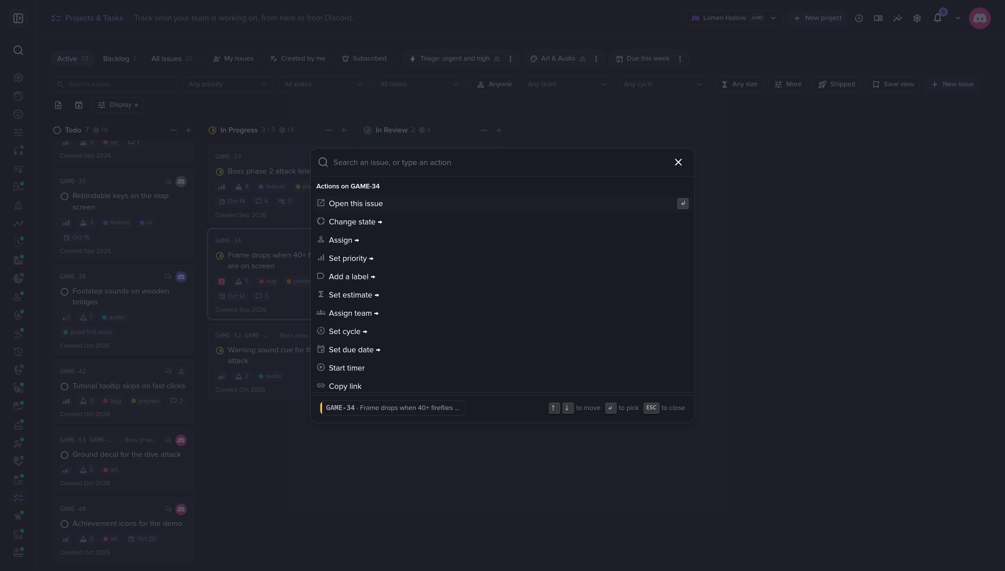 ⌘K: every action on the selected issue.