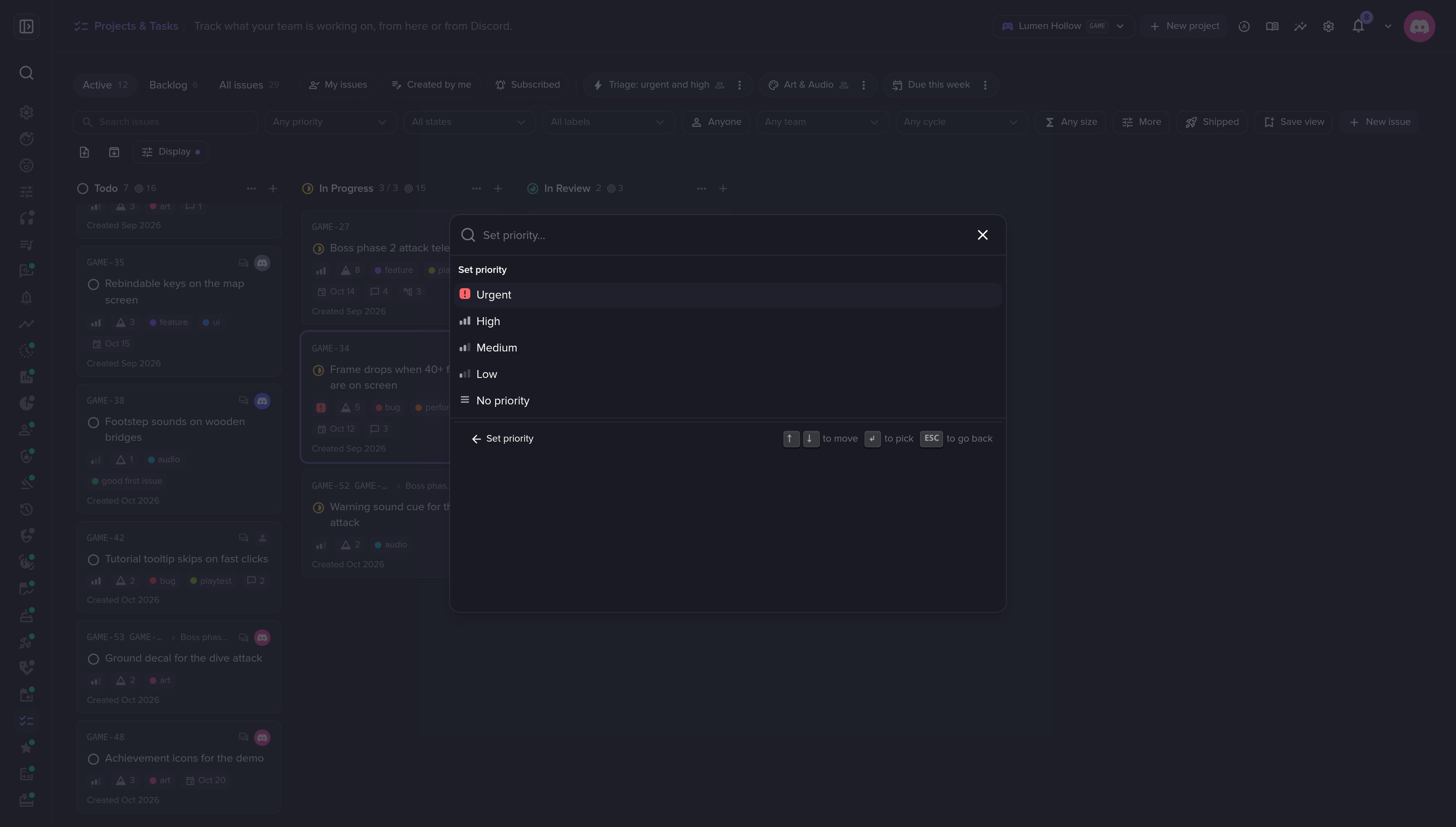 Single-key shortcuts, like P for priority.