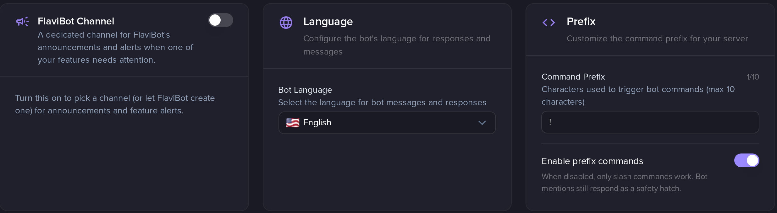 The top of the Configuration page, with the FlaviBot Channel, Language and Prefix cards
