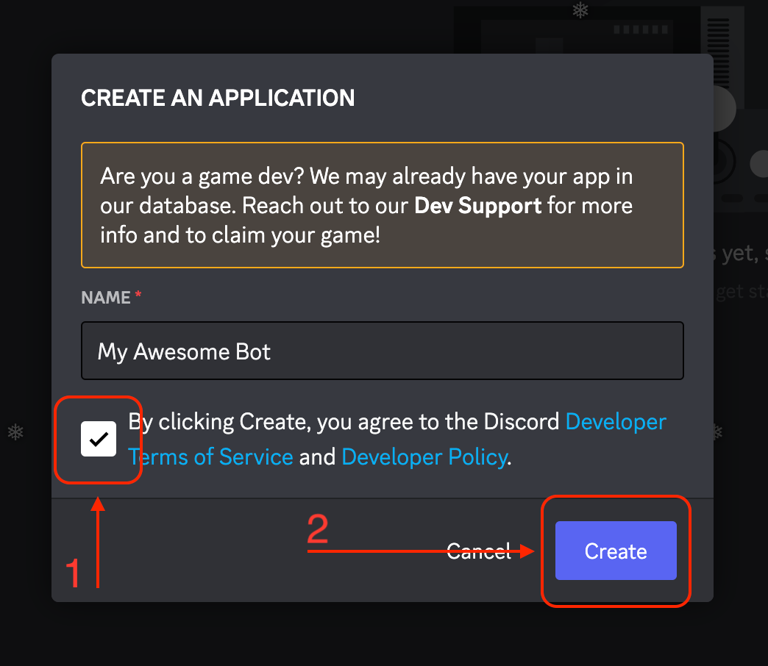 The Create an application dialog, with the terms checkbox and the Create button