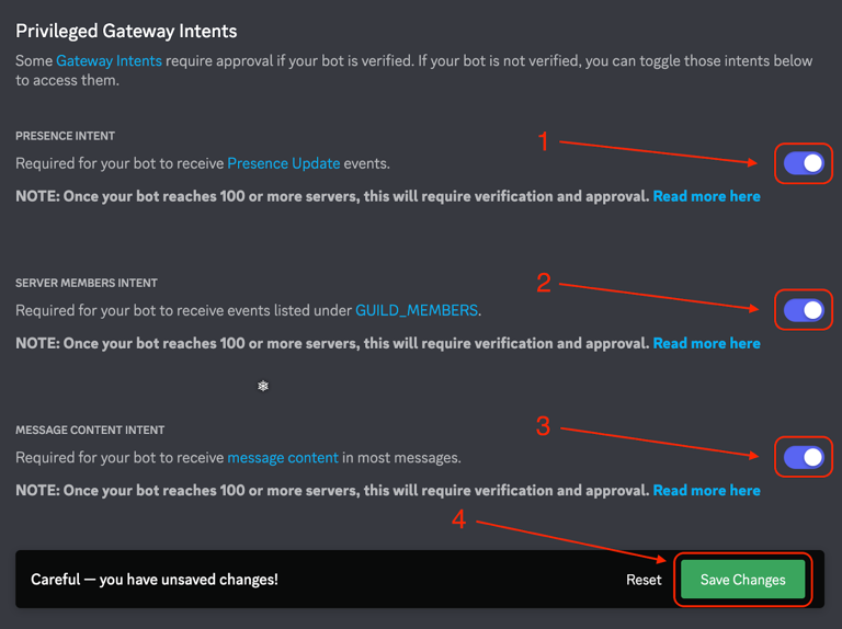 The Privileged Gateway Intents section with all three switches on