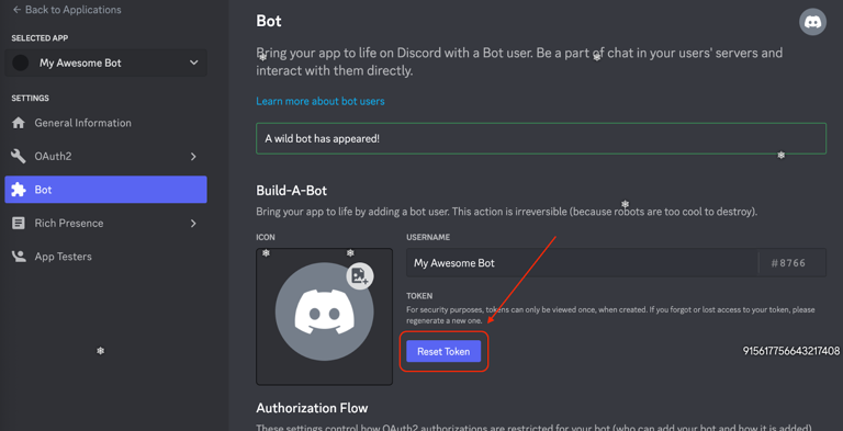 The Reset Token button on the Bot tab
