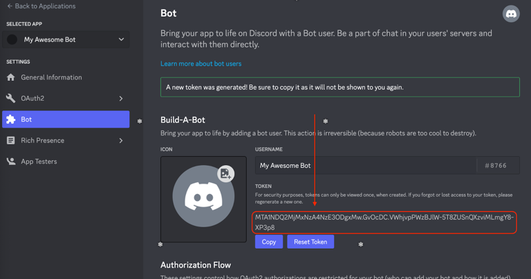 The token revealed, with the copy button