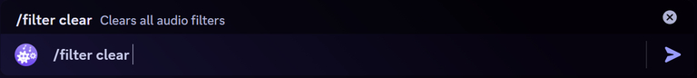 The Discord command bar with the /filter clear subcommand picked, described as clearing all audio filters