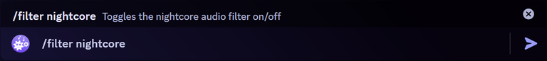 The Discord command bar with the /filter nightcore subcommand picked, described as toggling the nightcore audio filter on or off