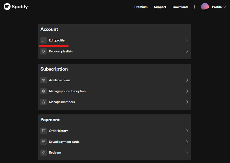 The Spotify account page, where Edit profile is the first entry of the Account card