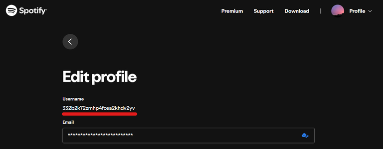 The Spotify Edit profile page, with the Username field holding the long string of letters and digits to give to FlaviBot