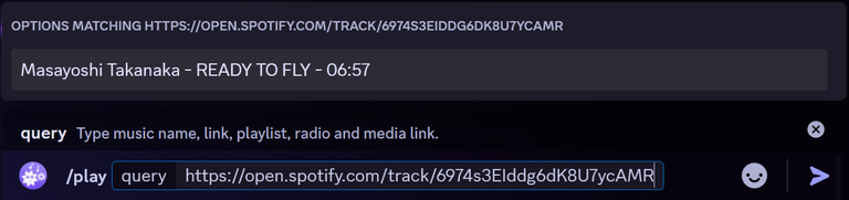 A Spotify track link pasted into the query option of /play, with FlaviBot offering the resolved track title and duration above the command bar