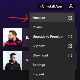 The Spotify profile menu opened from the picture at the top right, with Account as the first entry