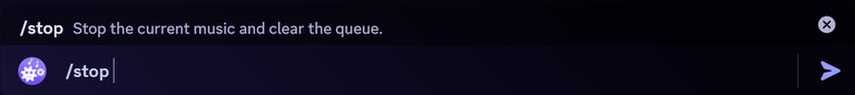 The Discord command bar showing /stop with its description, stop the current music and clear the queue