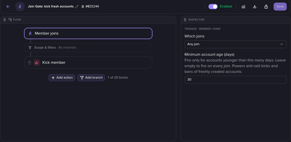 The Join Gate rule in the autoresponder editor: on member join, when the account is younger than the set age, kick the member