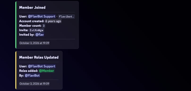 A log channel showing a member joined line with the account age, the member count and the invite used, then a roles changed line naming the role added and who added it
