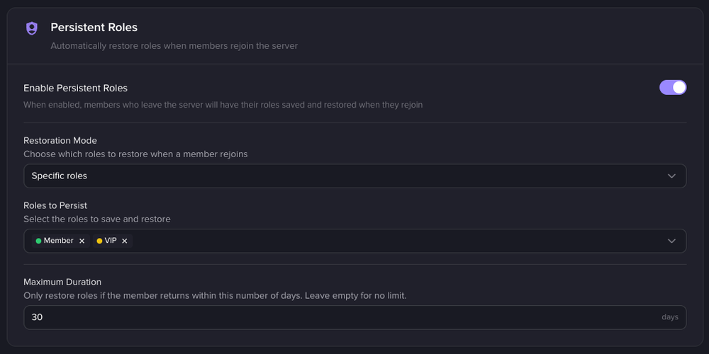 The Persistent Roles page of the dashboard, with the module enabled, the roles to restore and how long they are kept