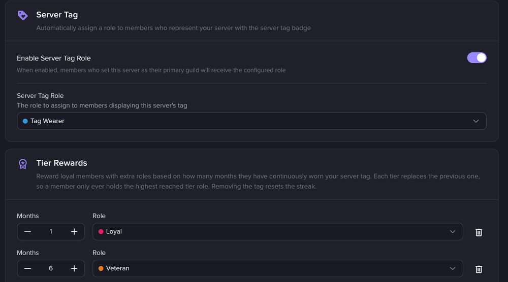 The Server Tag page of the dashboard, with the role given to members who wear the server tag and the streak tiers