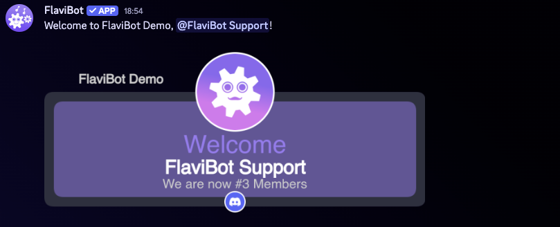 A welcome channel where FlaviBot greets a member who just joined, with the welcome card showing their avatar and the member count