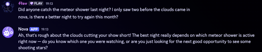 A member mentions the character's trigger word in a channel, and the character replies to what was being discussed
