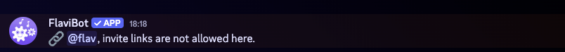 In a Discord channel, a member's message with an invite link is gone and FlaviBot replies that invite links are not allowed here