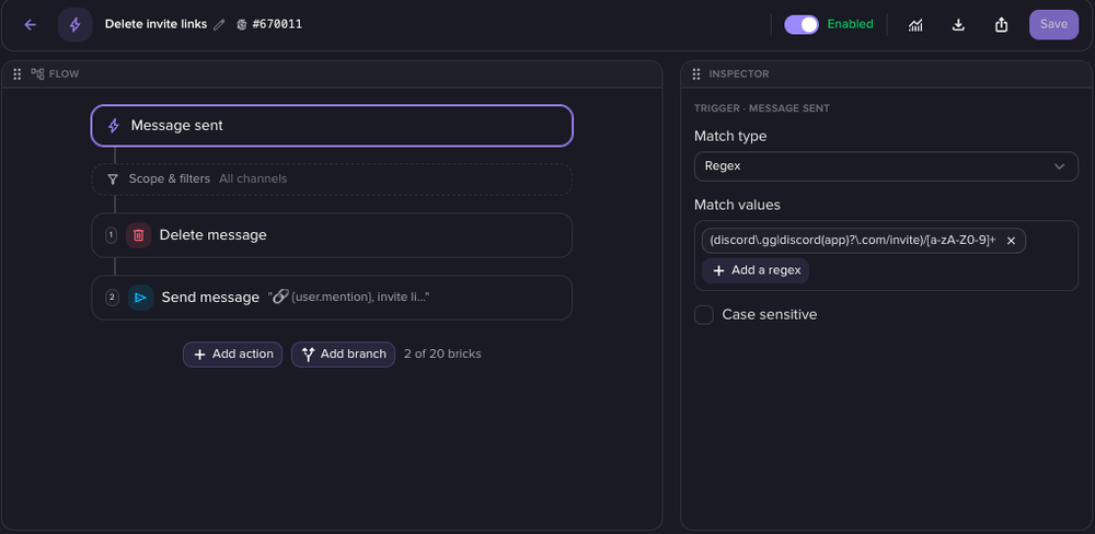 The Delete invite links rule in the autoresponder editor, matching discord.gg and discord.com/invite links with a regular expression, then deleting the message and replying