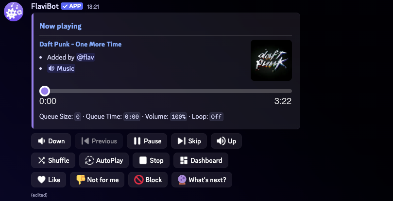 FlaviBot's Now playing panel in the music controller channel, showing the track a member asked for by typing its name, with the playback buttons