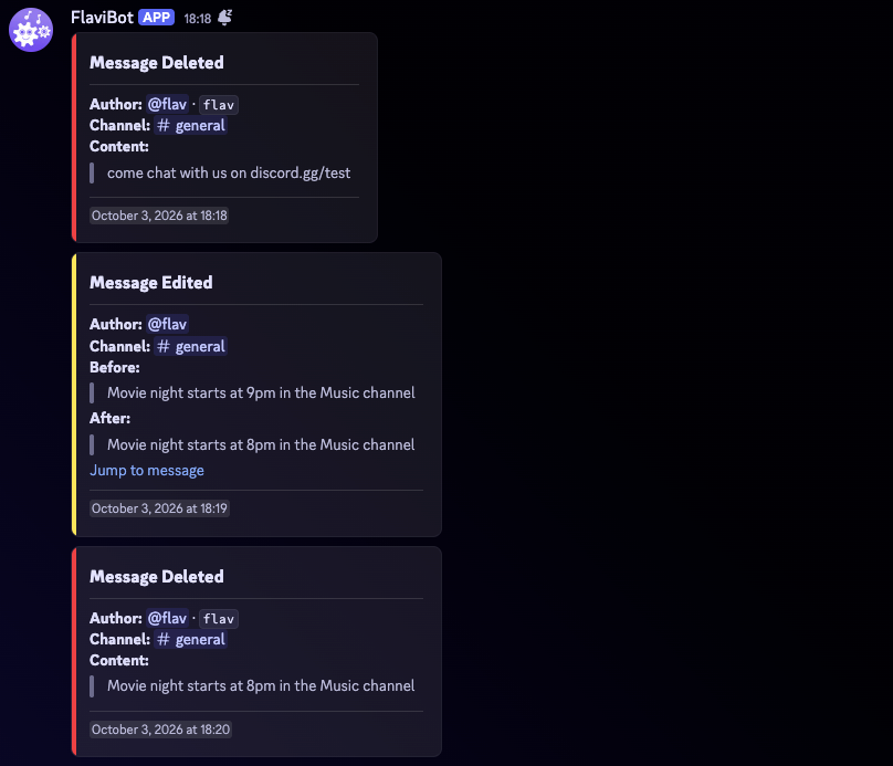 A log channel with three entries: the message carrying an invite link that the automation deleted, a Message Edited entry with the text before and after the edit, then a Message Deleted entry with the text that was removed