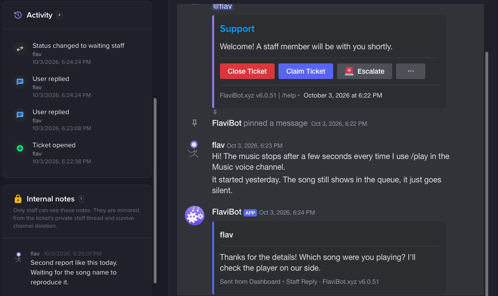 A ticket's page on the dashboard, with the member's and the staff's messages on one side and the staff notes on the other