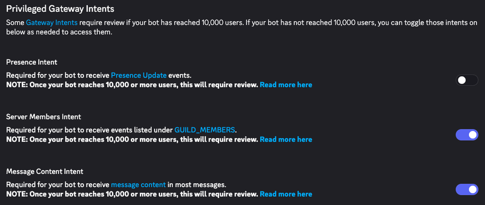 The Privileged Gateway Intents section of the Bot page, with Presence Intent off, and Server Members Intent and Message Content Intent on